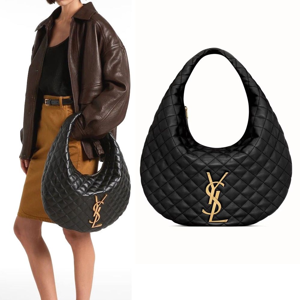 YSL Saint Laurent ICARE 字母標誌菱格衍縫納帕小羊皮手提 肩背腋下半月包(黑色)