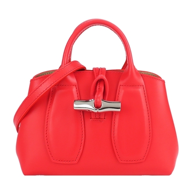 LONGCHAMP ROSEAU系列竹節滑面牛皮手提/斜背兩用包(迷你/罌粟紅)