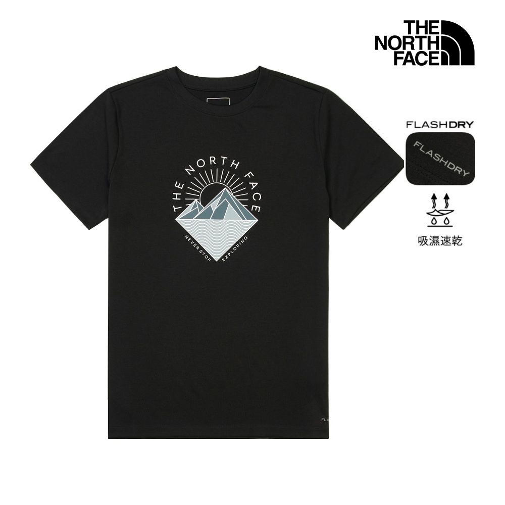 【The North Face 官方旗艦】北面女款黑色FLASHDRY速乾幾何印花短袖T恤｜8GZWJK3 排汗衫