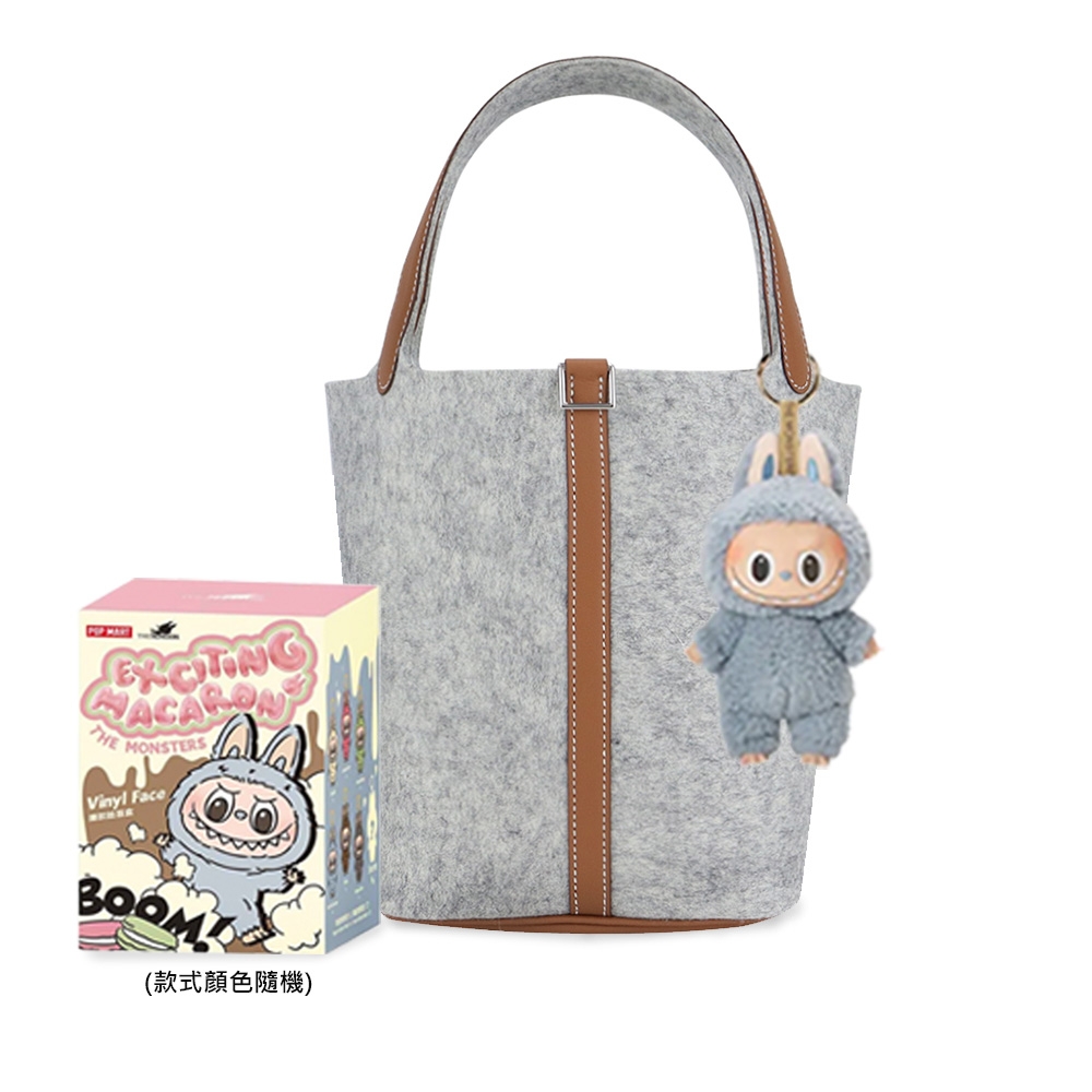 Hermes 愛馬仕 Picotin Lock 22cm 牛皮拼接毛呢桶包(灰色/Z刻/銀釦)