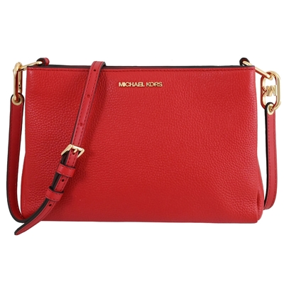 MICHAEL KORS TRISHA金屬LOGO荔枝紋皮革三層拉鍊斜背包(紅)
