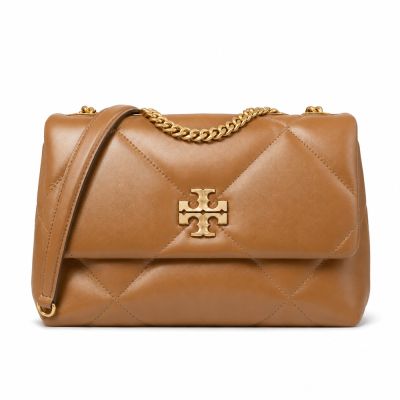 TORY BURCH KIRA 納帕皮革菱格絎縫翻蓋側背/肩背包(小/經典棕)