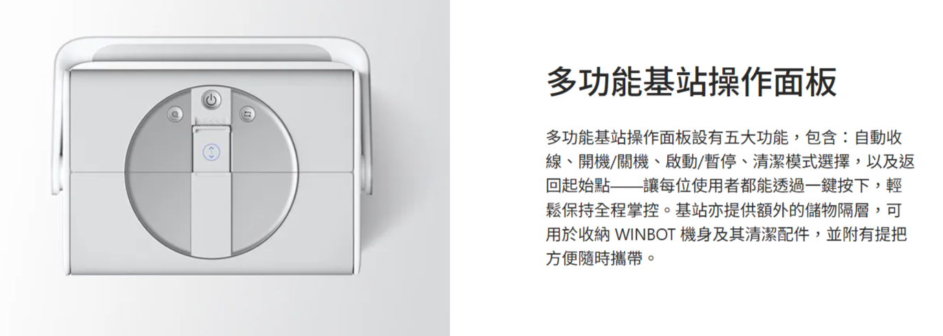 多功能基站操作面板多功能基站操作面板設有五大功能,包含:自動收線、開機/關機、啟動/暫停、清潔模式選擇,以及返回起始點——讓每位使用者都能透過一鍵按下,輕鬆保持全程掌控。基站亦提供額外的儲物隔層,可用於收納 WINBOT 機身及其清潔配件,並附有提把方便隨時攜帶。