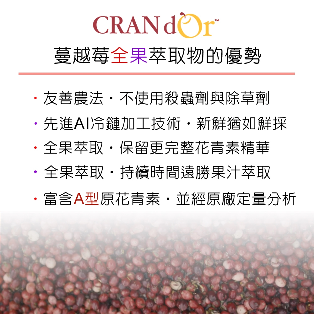 CRAN 蔓越莓全果萃取物的優勢友善農法不使用殺蟲劑與除草劑先進AI冷鏈加工技術新鮮猶如鮮採全果萃取保留更完整花青素精華全果萃取持續時間遠勝果汁萃取富含A型原花青素並經原廠定量分析