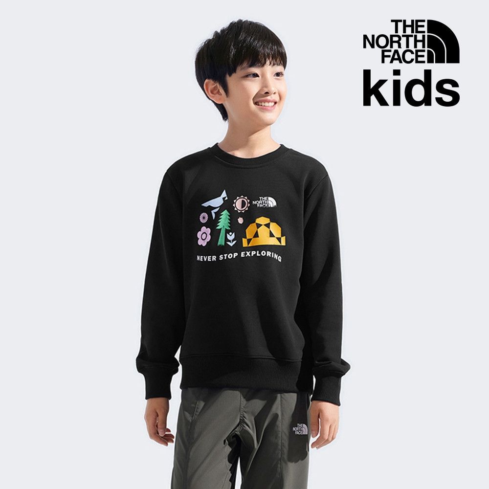 【The North Face 官方旗艦】 北面兒童黑色趣味印花設計長袖大學T｜8F12JK3