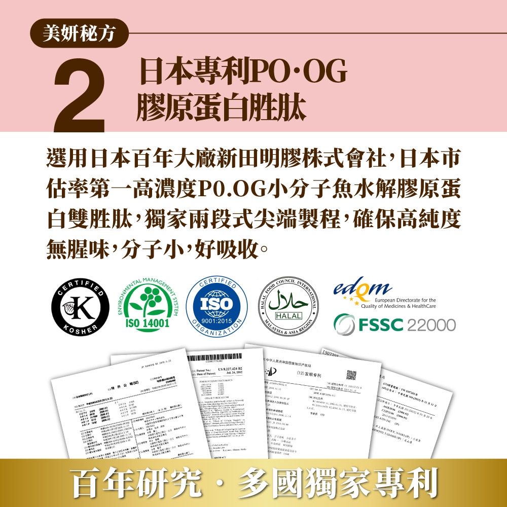 美妍秘方2日本專利OOG膠原蛋白胜肽選用日本百年大廠新田明膠株式會社日本市估率第一高濃度O.OG小分子魚水解膠原蛋白雙胜肽,獨家兩段式尖端製程,確保高純度無腥味,分子小,好吸收。KKOSHRONMENTALMANAGEMENTISO 14001ISO90012015ORGANIZATION FOO حلالHALALMALASIA REGIONedomEuropean Directorate for theQuality  Medicines & HealthareFSSC 22000 of   B2 , D发明专利EC  YP ,  P:百年研究·多國獨家專利