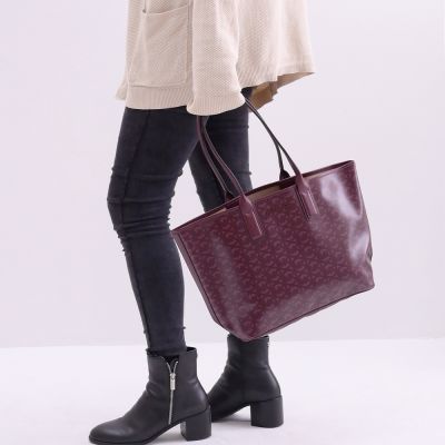 MICHAEL KORS JODIE MK印花塗層帆布肩背托特購物包(酒紅-全新福利品)