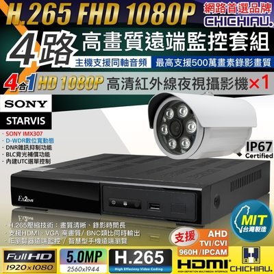 【CHICHIAU】H.265 4路4聲 5MP 台灣製造數位高畫質遠端監控套組(含1080P SONY 200萬攝影機x1)