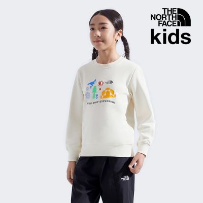 【The North Face 官方旗艦】 北面兒童米白色趣味印花設計長袖大學T｜8F12QLI