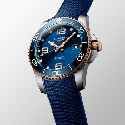 LONGINES 浪琴 深海征服者浪鬼陶瓷潛水機械錶 夏日煥新提案-藍x玫瑰金/41mm L3.781.3.98.9