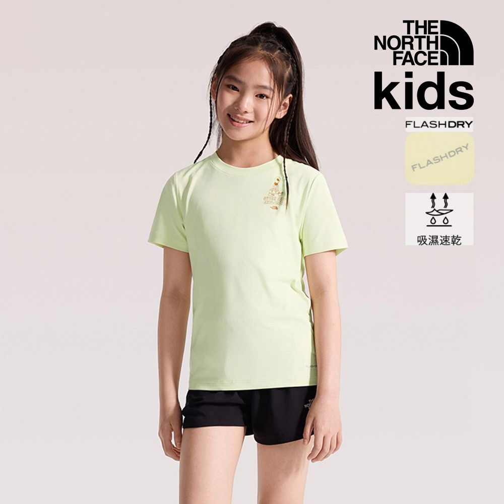 【The North Face 官方旗艦】北面兒童黃色FLASHDRY速乾背面圖案短袖T恤｜8GVVG6O 排汗衫