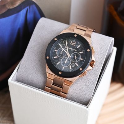 MICHAEL KORS 經典MK三眼不繡鋼手錶 45mm(玫瑰金/黑)