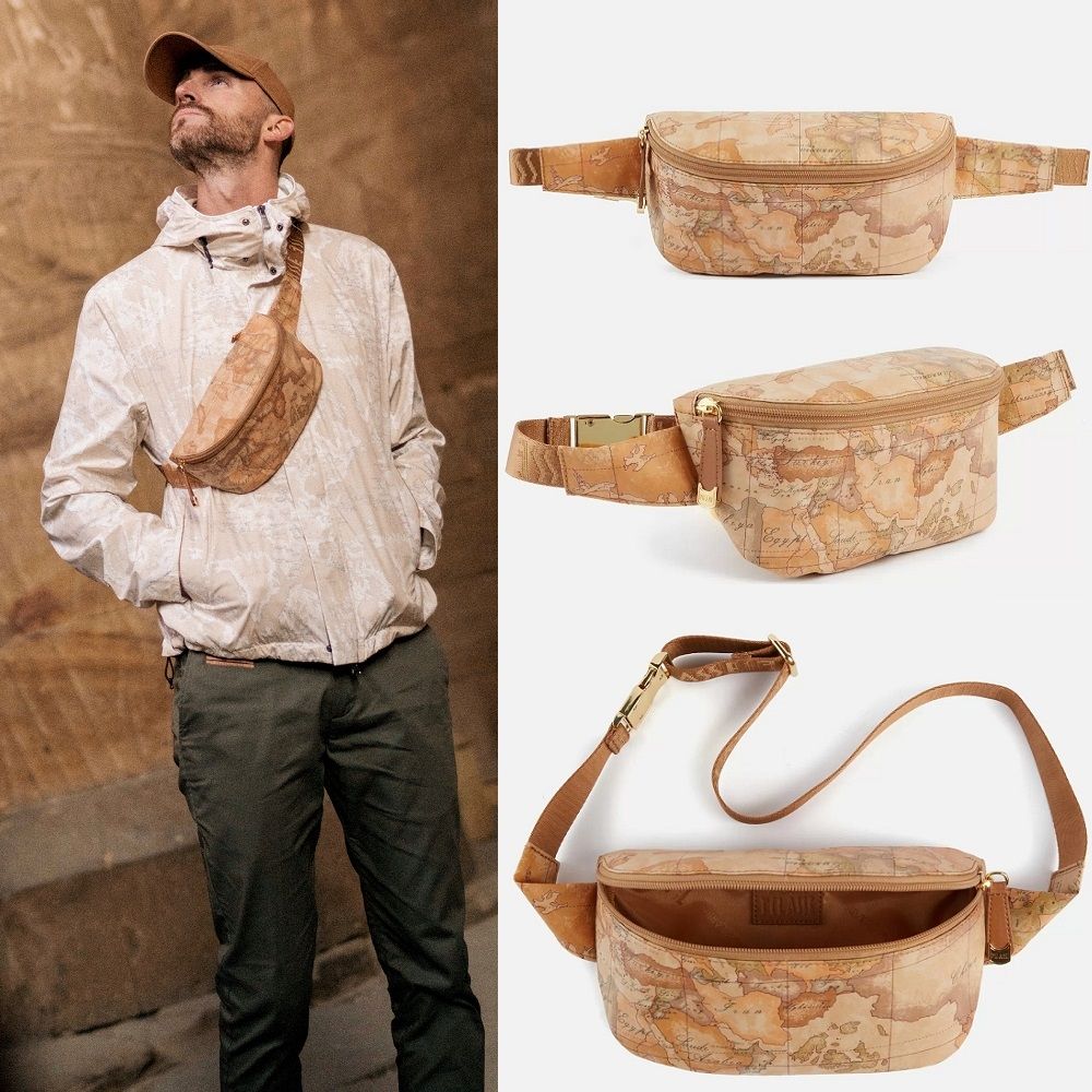 Alviero Martini 義大利地圖包 PU尼龍拉鍊腰包24cm-地圖黃 