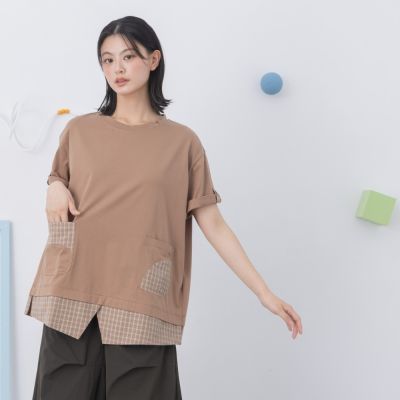 【MOSS CLUB】格紋泡泡布拼接假兩件衣襬短T 藍 咖