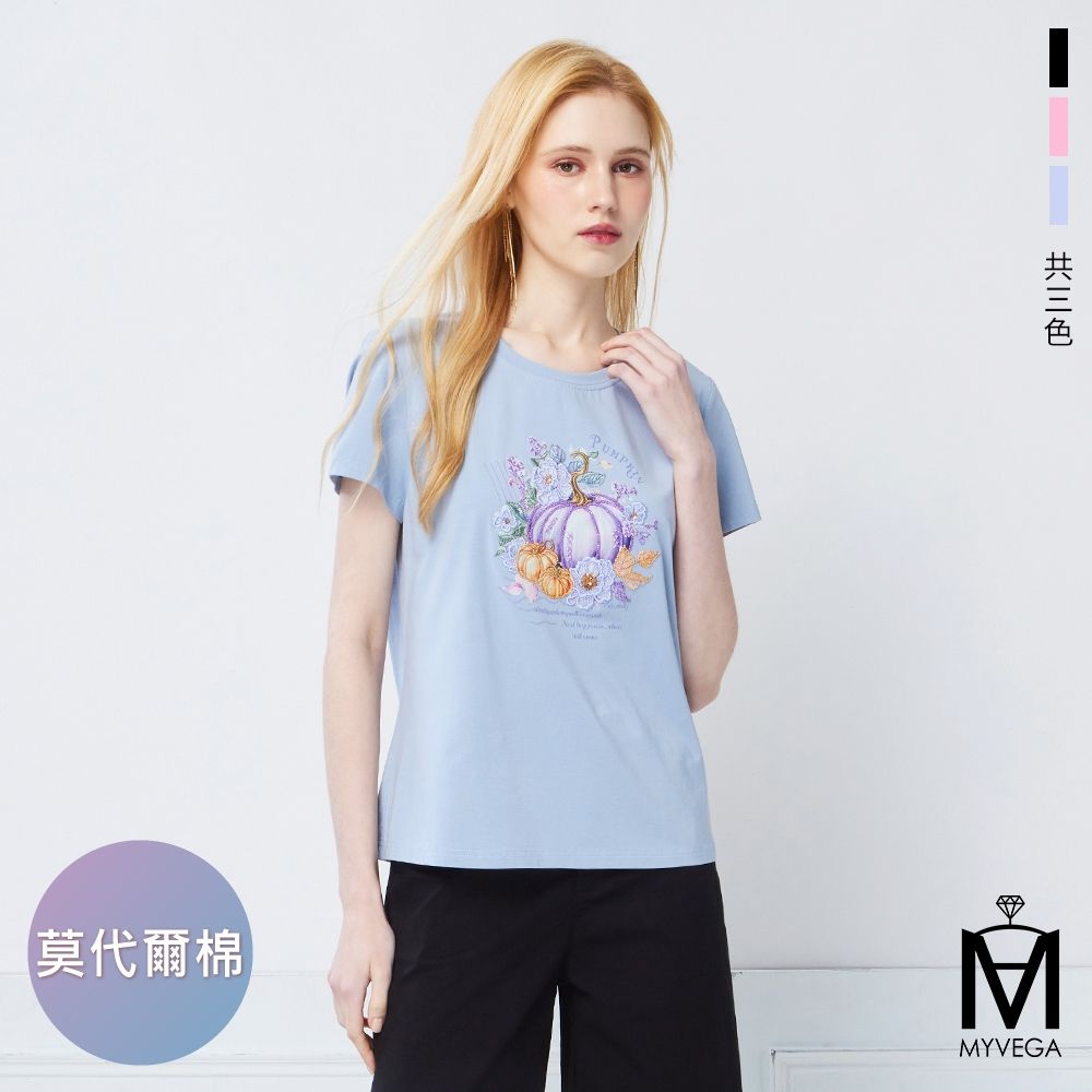 MYVEGA麥雪爾 MA莫代爾棉南瓜花卉立體刺繡上衣-共三色 (黑)