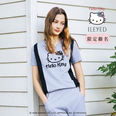 ILEY伊蕾 Kitty聯名刺繡拼接抽繩上衣(灰；M-2L)