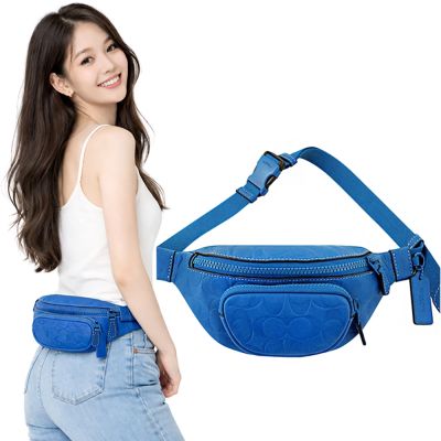 COACH 藍色皮革大C立體浮雕小型腰包/單肩背兩用包