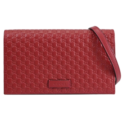 GUCCI 古馳 ssima 小LOGO牛皮多卡斜背包/晚宴包/寬版長夾(紅)