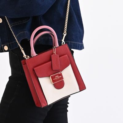 COACH MINI PEPPER 金屬LOGO撞色迷你兩用紙袋包(深紅/白)