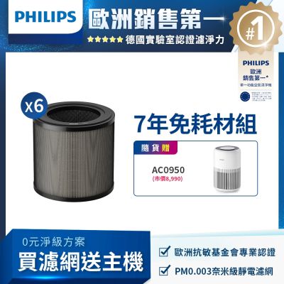 PHILIPS 飛利浦 PHILIPS飛利浦 奈米級HEPA&活性碳複合式濾網FY0910/30雙入組*3(6入)-贈空氣清淨機AC0950/80