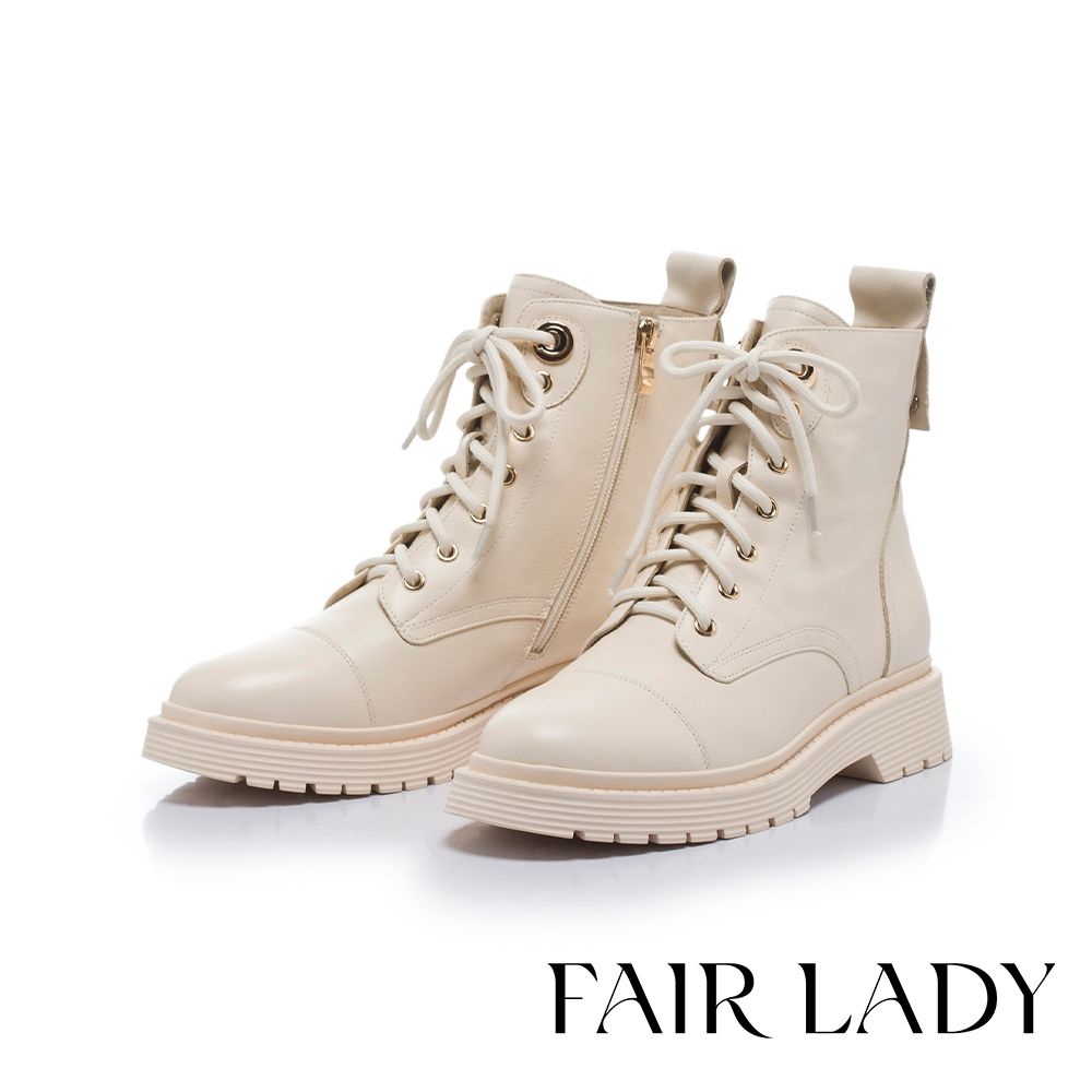 FAIR LADY 軟實力 綁帶皮革飾釦短軍靴 米 (7B2574)