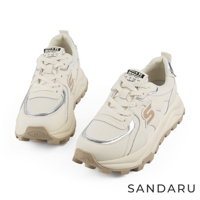 山打努SANDARU-休閒鞋 真皮復古層次拼接銀老爹鞋-米
