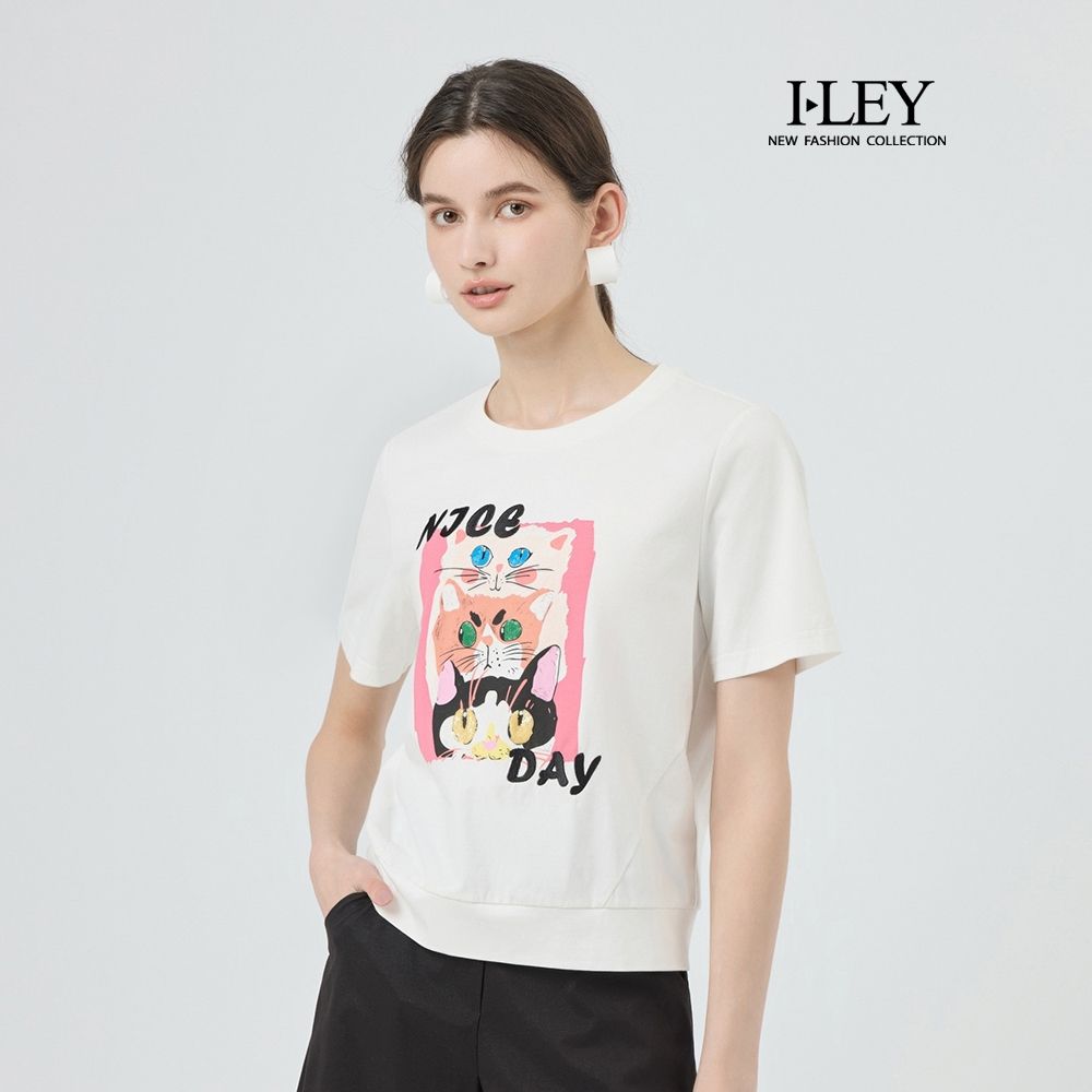 ILEY伊蕾 亮片貓咪刺繡棉質T恤(白；M-XL)