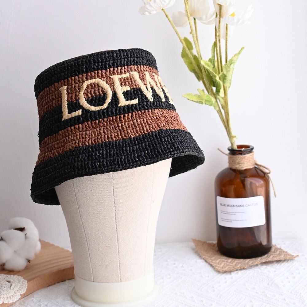 LOEWE 經典LOGO條紋設計草編漁夫帽(黑咖)