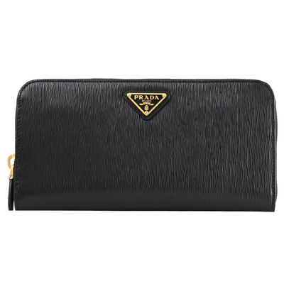 PRADA 經典三角LOGO水波紋ㄇ字拉鍊長夾(黑)