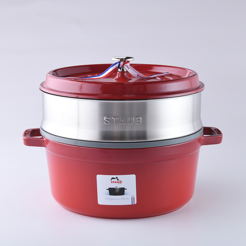 Staub 圓形鑄鐵鍋 (含蒸籠) 26cm 5.2L 櫻桃紅 法國製 湯鍋 燉鍋 (電磁爐 IH爐可用)