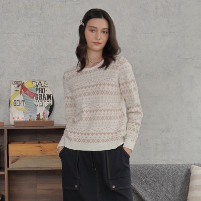 【CUMAR】北歐風幾何圖騰圓領長袖針織上衣 藍 白 紅(魅力商品)