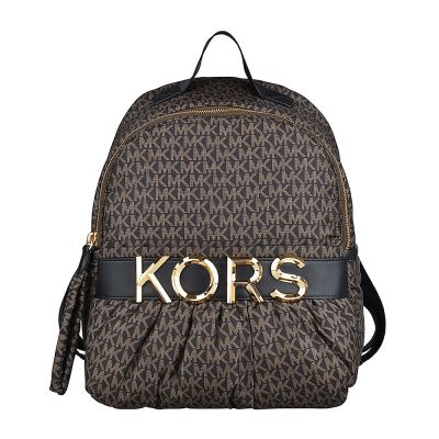 MICHAEL KORS專櫃款 Leonie系列 金字字母LOGO滿版印花設計再生滌綸拉鍊後背包(中/棕x黑)