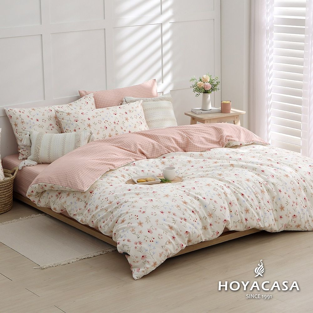 HOYACASA 100%精梳純棉兩用被床包組-多款任選(單人/雙人/加大均一價) (櫻草紛紛)