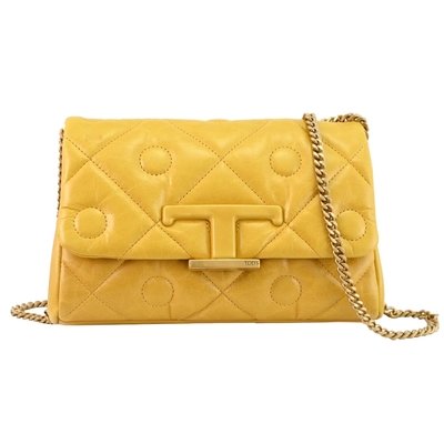 TOD’S Signature Mini 金屬LOGO菱格縫線小牛皮迷你翻蓋鍊包(黃)