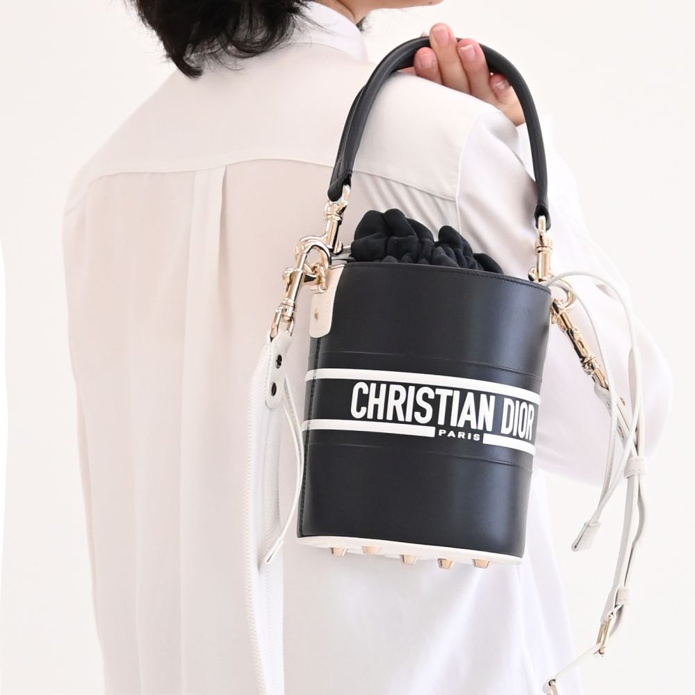 Christian DIOR 迪奧 Vibe 牛皮手提兩用水桶包(深藍/白)