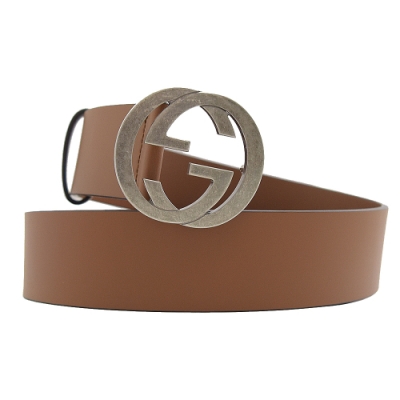 GUCCI 古馳 GG經典LOGO牛皮釦式皮帶(咖)