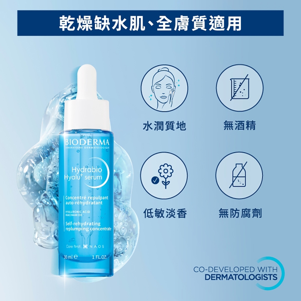 乾燥缺水肌、全膚質適用BIODERMA HydrabioHyalu serumConcentré repulpant| auto-réhydratant ACIDSelf-rehydratingreplumping concentrateCare first NAOS30mle FL.OZ.水潤質地無酒精低敏淡香無防腐劑CO-DEVELOPED WITHDERMATOLOGISTS
