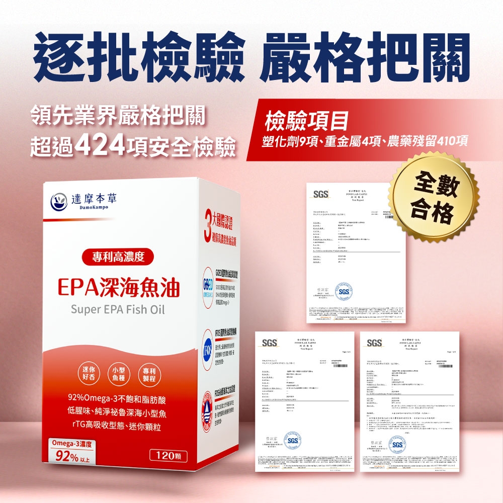 逐批檢驗 嚴格把關領先業界嚴格把關檢驗項目超過24項安全檢驗 塑化劑9項、重金屬4項、農藥殘留410項SGS達摩本草DamoKampo大國際專利高濃度EP深海魚油Super EPA Fish Oil迷你小型專利好吞 魚種製程92%Omega3不飽和脂肪酸低腥味、純淨祕魯深海小型魚rG高吸收型態、迷你顆粒Omega-3濃度92%以上120顆全數合格SGSSGSSGSSGST-A