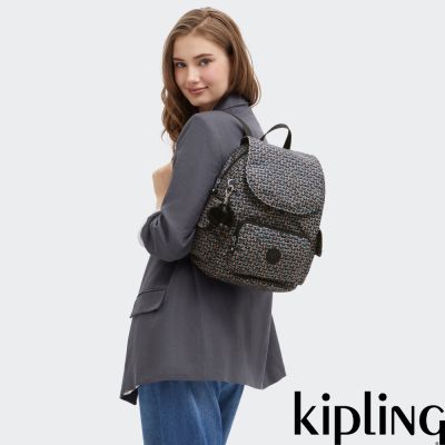 『猴子包』Kipling 幾何印花拉鍊掀蓋後背包-CITY PACK S