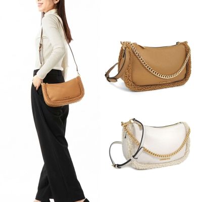 Michael Kors CARMELA 荔枝皮紋毛邊手提斜背包(白色/駝色)(平輸) 