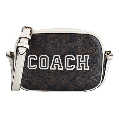 COACH Jamie 學院風設計PVC拉鍊斜背相機包(迷你/深棕x白