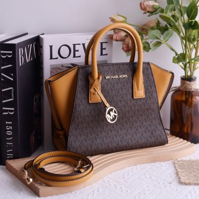 MICHAEL KORS AVRIL 拼接款經典印花兩用手提包(深咖/黃)
