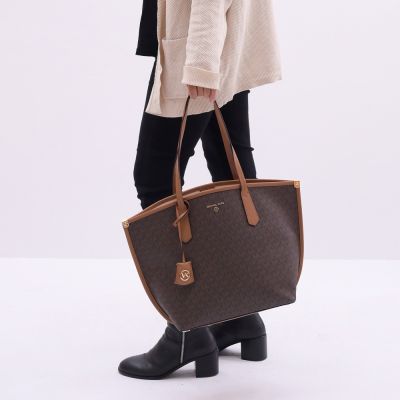 MICHAEL KORS JANE 皮革邊飾帆布肩背托特包(深咖)
