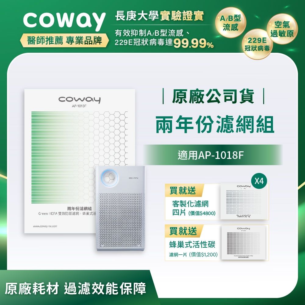 Coway 原廠二年份濾網 輕都會經典AP-1018F+贈客製化甲醛濾網四片和活性碳濾網