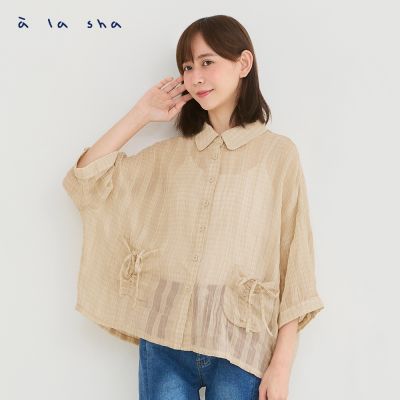 a la sha 格紋口袋抽皺短袖罩衫