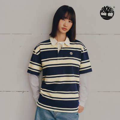 Timberland官方旗艦 中性藍色寬版條紋短袖橄欖球Polo衫|A5SQKAGJ