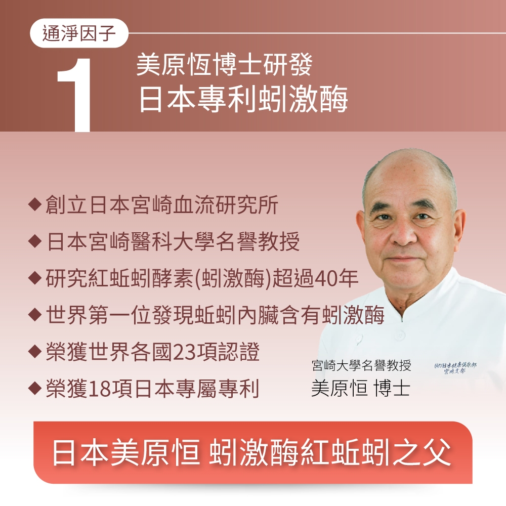 通淨因子美原恆博士研發1日本專利蚓激創立日本宮崎血流研究所日本宮崎醫科大學名譽教授·研究蚯蚓酵素(蚓激酶)超過40年世界第一位發現蚯蚓內臟含有蚓激酶榮獲世界各國23項認證宮崎大學名譽教授榮獲18項日本專屬專利美原恒 博士日本美原恒 蚓激酶紅蚯蚓之父