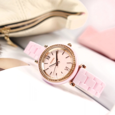 FOSSIL / Carlie 細緻典雅 晶鑽錶圈 陶瓷手錶-粉x玫瑰金框/30mm