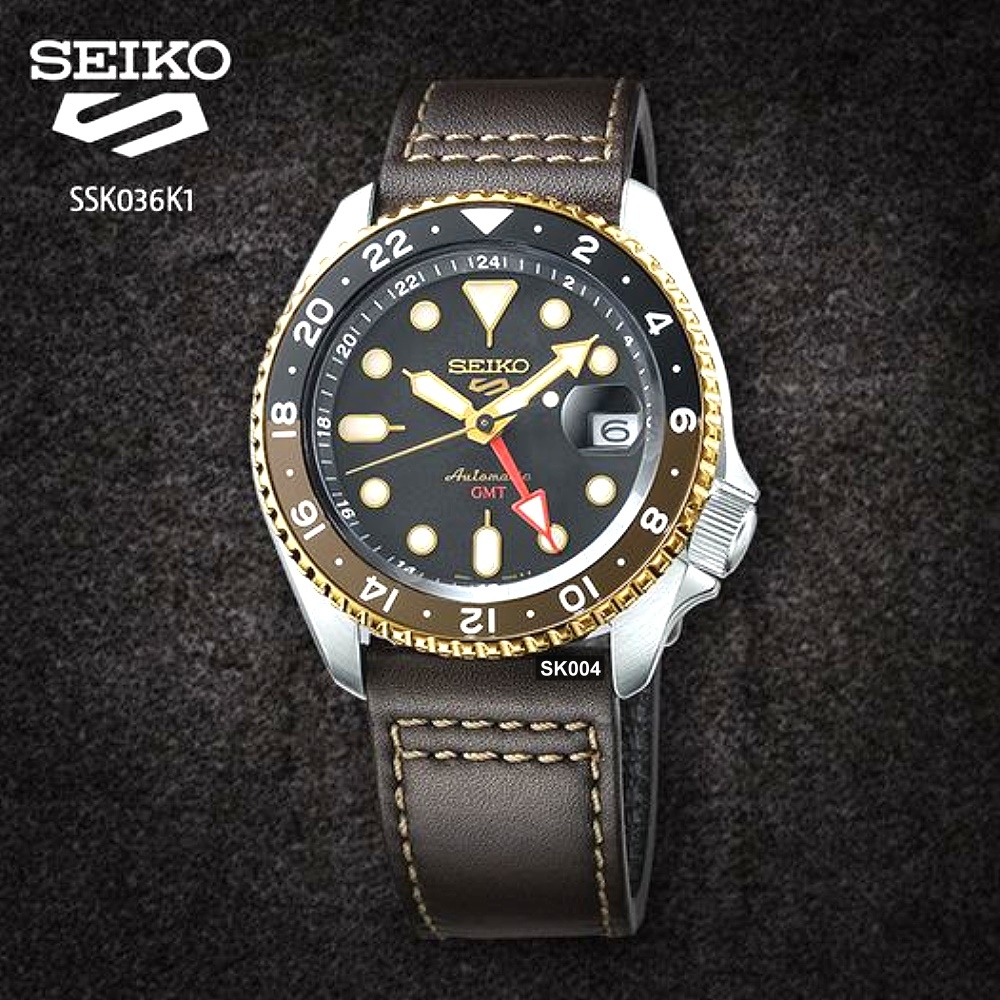 SEIKO精工5 SPORTS系列機械錶GMT雙時區黑面皮帶42.5㎜款SK004(SSK036K1