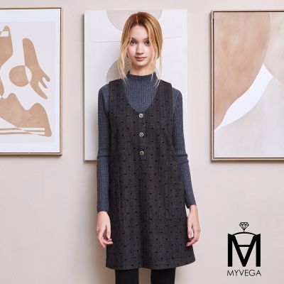 MYVEGA麥雪爾 MA羊毛蝴蝶結鑽釦Aline背心洋裝-深灰